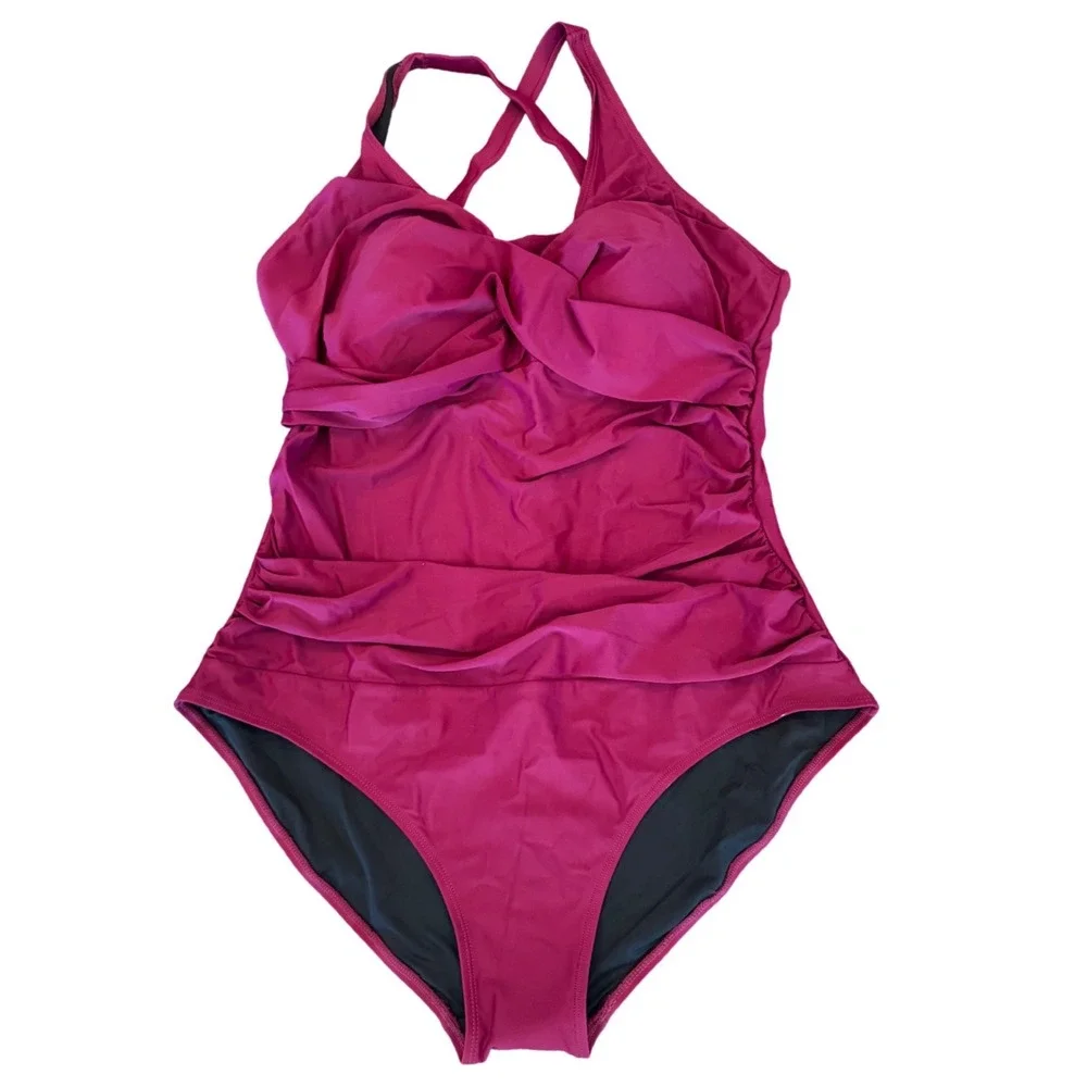 Halcurt Plus Size 1X One Piece Swimsuit Magenta Pink Ruched Tummy Control Retro